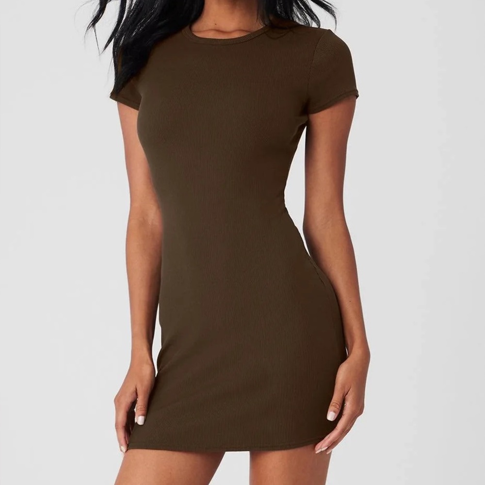 Alo Yoga Ribbed Short Sleeve Mini Dress in Espresso/Brown